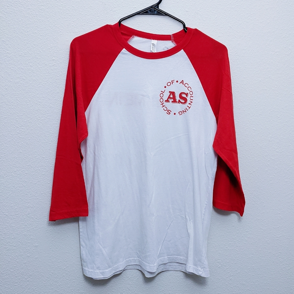 Accounting red and white 3/4 sleeved baseball tee